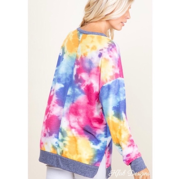 New! Tie Dye Waffle Knit Contrast Side Slit Band Relaxed Top - Picture 8 of 10